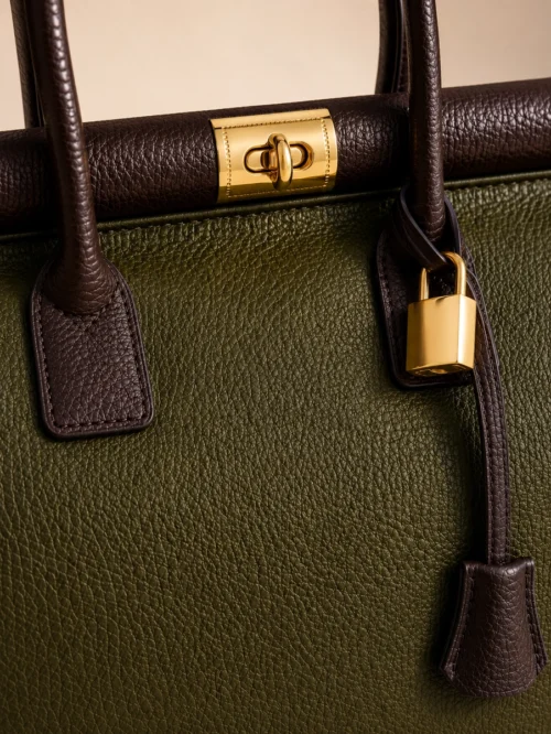 NORA – Italiaanse dollaro-lederen tas – Khaki & Donkerbruin