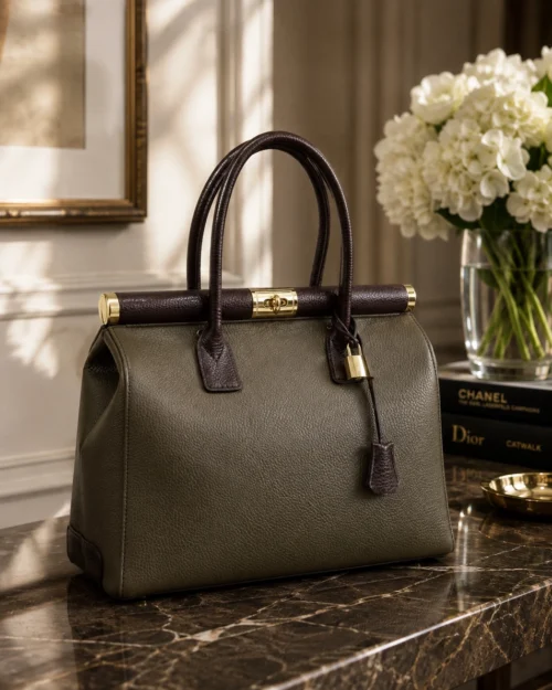 NORA – Tas van Italiaans dollaro-leer – Taupe & Donkerbruin