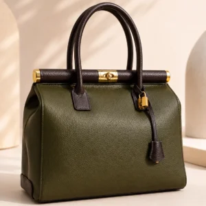 NORA – Italiaanse dollaro-lederen tas – Khaki & Donkerbruin