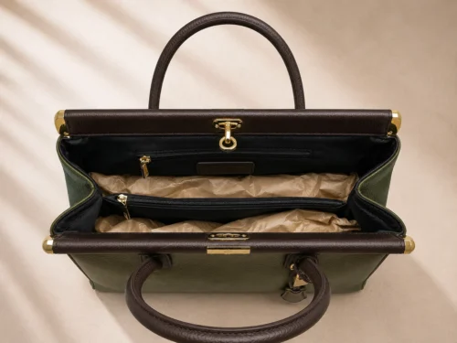 NORA – Italiaanse dollaro-lederen tas – Khaki & Donkerbruin