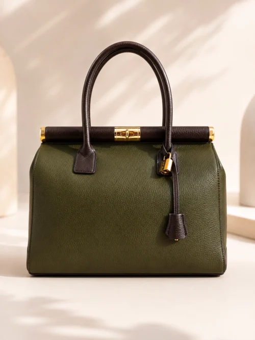 NORA – Italiaanse dollaro-lederen tas – Khaki & Donkerbruin