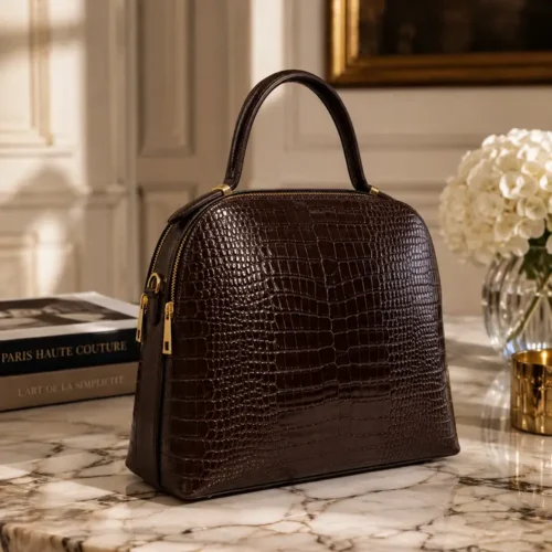 7d70ae214f1dd8411c9d031dd548ba7535dc1477bfd3faa09534169c0c6ea11b Tas NOA Brown van leer met croco-patroon – Gemaakt in Italië