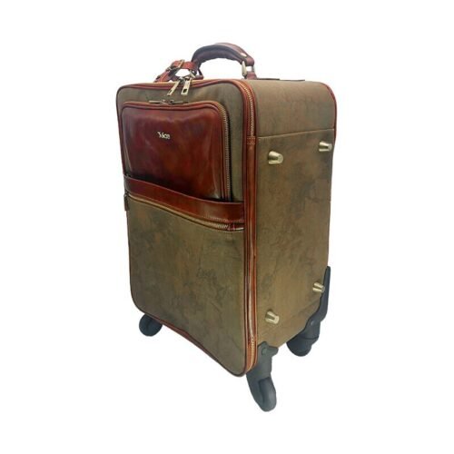 Met de hand gepolijst leer en canvas trolley, art. 112239 - Bruin