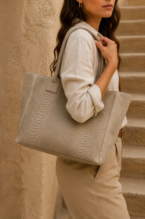 LOLA – Tas van Italiaans leer met pythonprint – Taupe