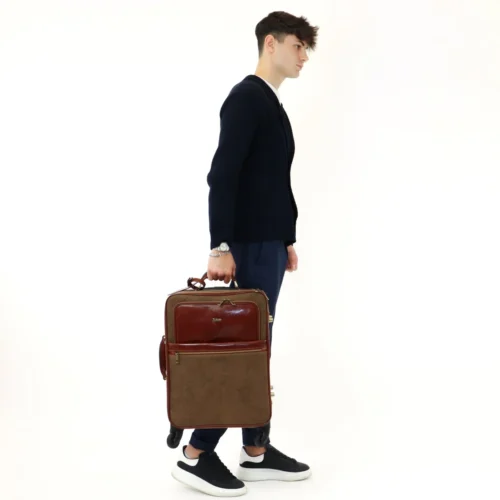 Met de hand gepolijst leer en canvas trolley, art. 112239 - Bruin