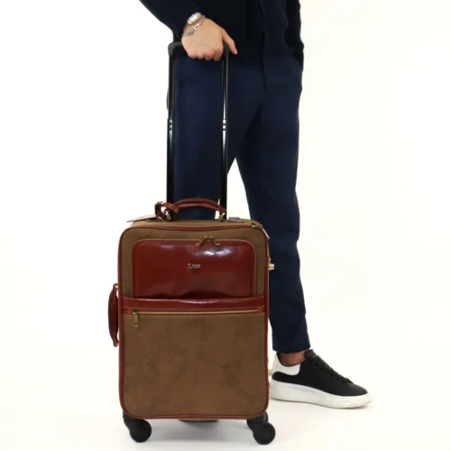 Met de hand gepolijst leer en canvas trolley, art. 112239 - Bruin